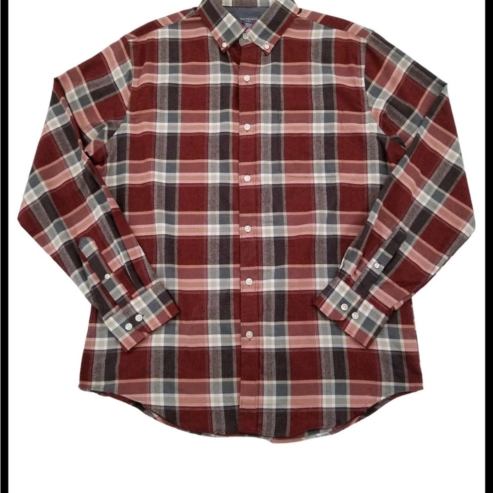 Classic Plaid Button-Down Shirt - Burgundy and Gray